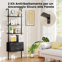 Libreria a Scala 184 cm, Scaffale da Parete a 6 Ripiani con 2 Cassetti e Struttura in Metallo, Ripiano Espositivo Aperto Moderno per Soggiorno Studio Ufficio, 60 x 30 x 184 cm (Nero)