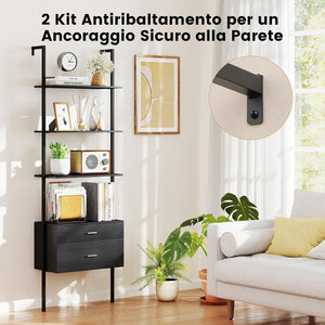 Libreria a Scala 184 cm, Scaffale da Parete a 6 Ripiani con 2 Cassetti e Struttura in Metallo, Ripiano Espositivo Aperto Moderno per Soggiorno Studio Ufficio, 60 x 30 x 184 cm (Nero)