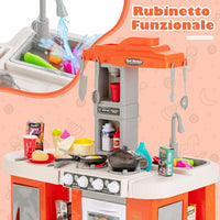 Cucina Giocattolo con Set di Accessori Cibo e Utensili, Cucina per Bambini con Suoni e Luci, Lavandino, Rubinetto, Scaffali, Forni e Fornelli, per Bambini 3+ Anni (Arancione)