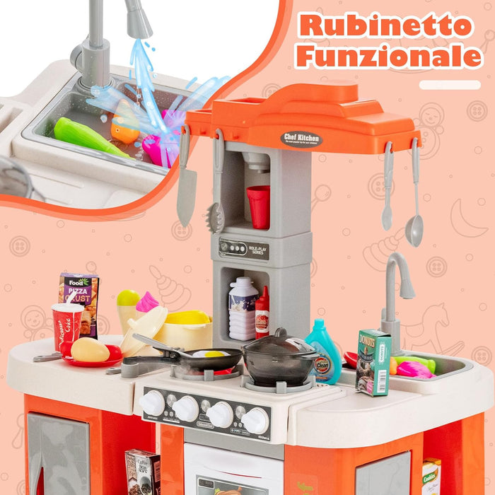 Cucina Giocattolo con Set di Accessori Cibo e Utensili, Cucina per Bambini con Suoni e Luci, Lavandino, Rubinetto, Scaffali, Forni e Fornelli, per Bambini 3+ Anni (Arancione)