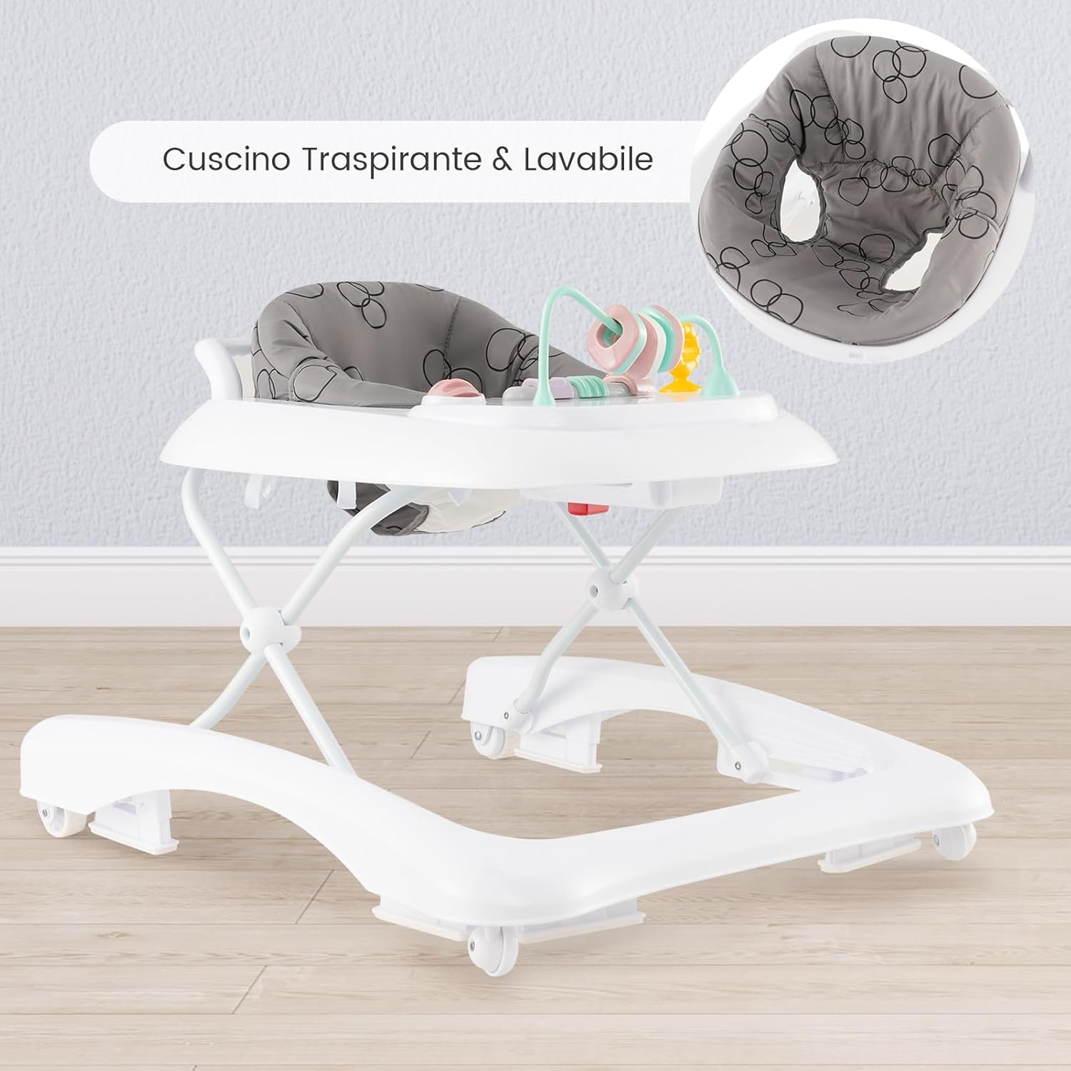 3 in 1 Girello per Bambini, Girello Pieghevole per Bambini, con 3 Altezze Regolabili, Sedile Imbottito e Piatto Giocattolo Rimovibile, Girello a Spinta con Ruote, per Bambini 6+ Mesi (Grigio)