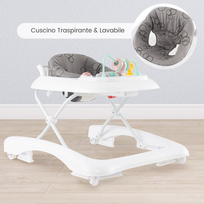 3 in 1 Girello per Bambini, Girello Pieghevole per Bambini, con 3 Altezze Regolabili, Sedile Imbottito e Piatto Giocattolo Rimovibile, Girello a Spinta con Ruote, per Bambini 6+ Mesi (Grigio)