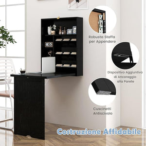 Scrivania Pieghevole da Parete, Tavolo Pieghevole a Muro con Divisorio a 3 Livelli e Ripiani Regolabili, Scrivania Salvaspazio per Cucina, Salotto e Studio, 60 x 94,5 x 151 cm (Nero)