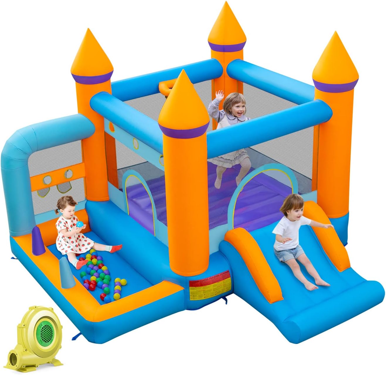 Castello Gonfiabile 5 in 1 con Soffiatore 735W, Casa Gonfiabile per Bambini con Scivolo, Trampolino, Piscina e 50 Palline, Lancio di Anelli e di Palline, Canestro da Basket, 337x325x256 cm