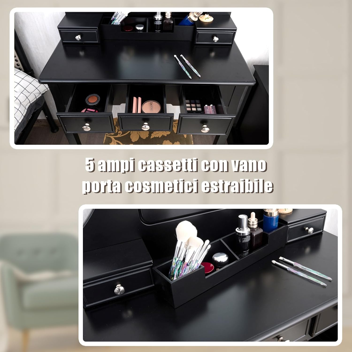 2-in-1 Toeletta Trucco con Sgabello, Postazione Trucco con Specchio Girevole a 360° Rimovibile, 5 Cassetti e Organizzatori, Tavolo da Trucco Scrivania Moderno, 80 x 40 x 139 cm (Nero)
