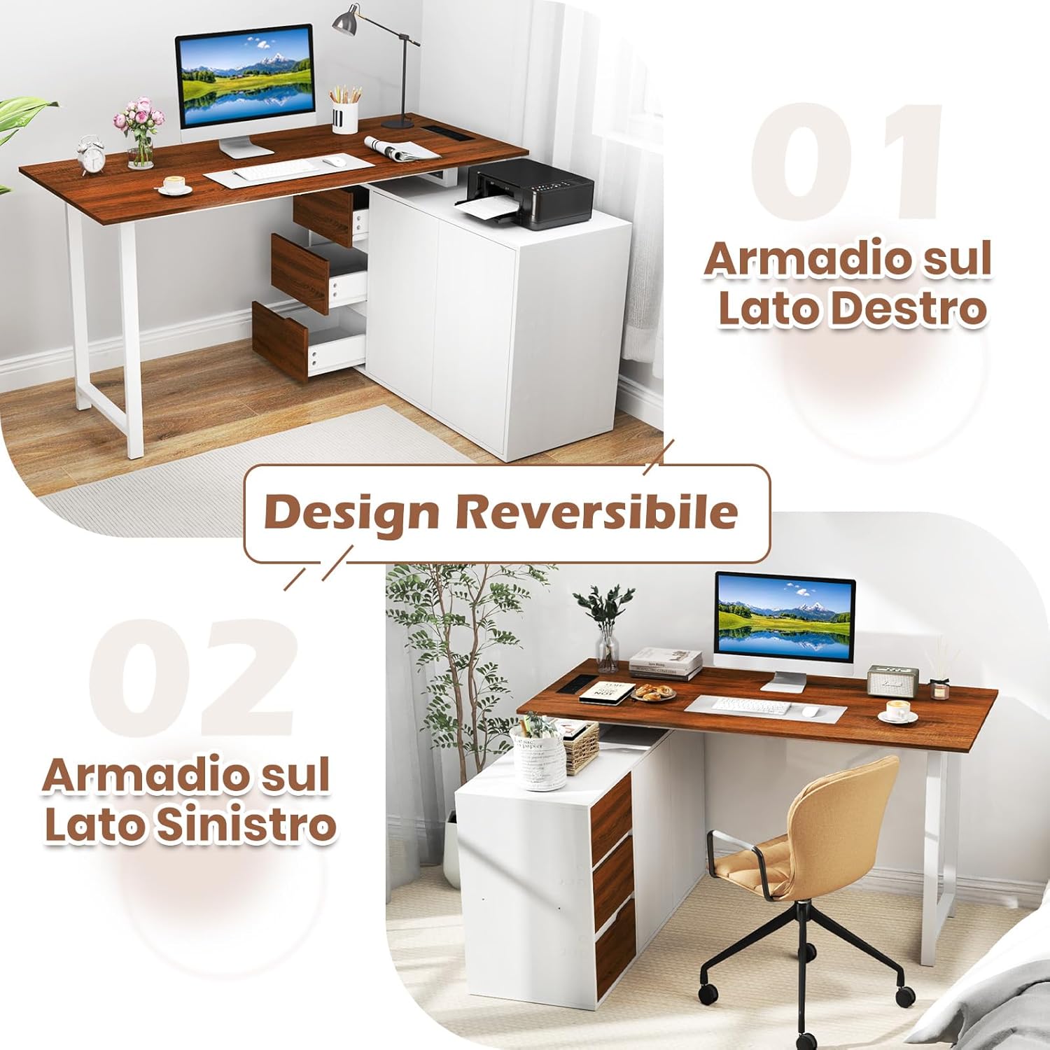 Scrivania Angolare a Forma di L con Presa di Corrente, Scrivania ad Angolo Salvaspazio e Reversibile con 3 Cassetti, Stazione da Lavoro per Ufficio a Casa (Marrone e Bianco)