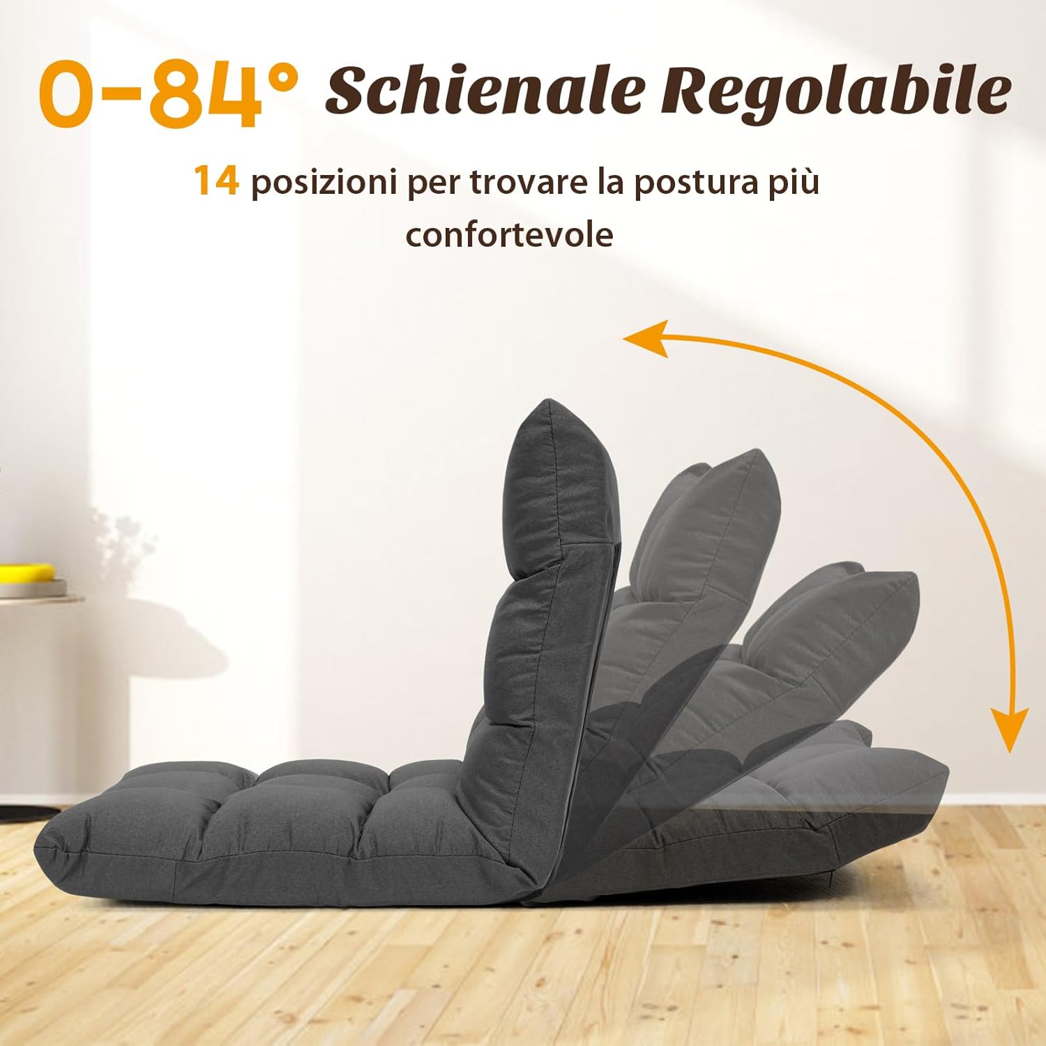 Sedia da Terra, Sedia da Pavimento con Posizioni Regolabili, Sedia Reclinabile Imbottita con Struttura in Acciaio Durevole, Facile da Conservare, Ideale per Salone Studio e Camera (Grigio)