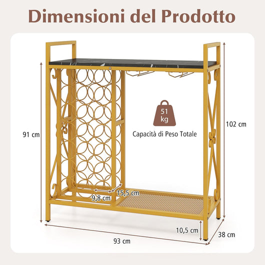 Portabottiglie da Terra per 21 Bottiglie, Portabottiglie da Vino con Supporto per Bicchieri, Piano in Legno e Mensola per Stoccaggio, Struttura Metallica，per Cucina e Bar (Nero)
