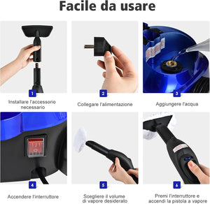 2000W Pulitore a Vapore con 19 Accessori e Serbatoio da 1,5L, Vapore per Tappeti, per Pulizie Profonde Pavimenti Finestre e Macchine (blu)