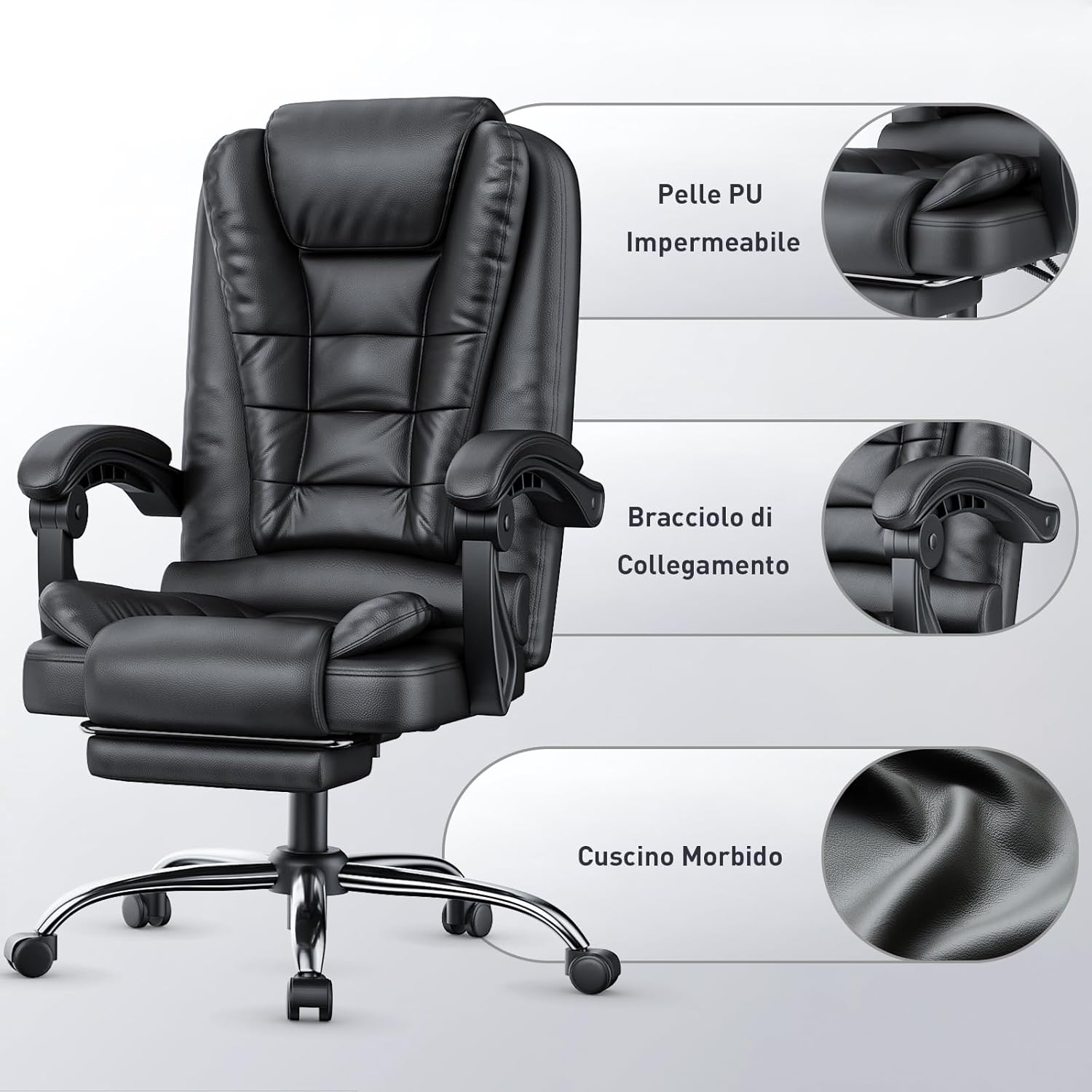 Sedia Ufficio con Poggiapiedi Telescopico - RATTANTREE - Altezza Regolabile - Braccioli Imbottiti - Nero