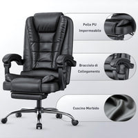 Sedia Ufficio con Poggiapiedi Telescopico - RATTANTREE - Altezza Regolabile - Braccioli Imbottiti - Nero