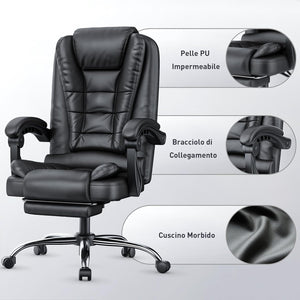 Sedia Ufficio con Poggiapiedi Telescopico - RATTANTREE - Altezza Regolabile - Braccioli Imbottiti - Nero