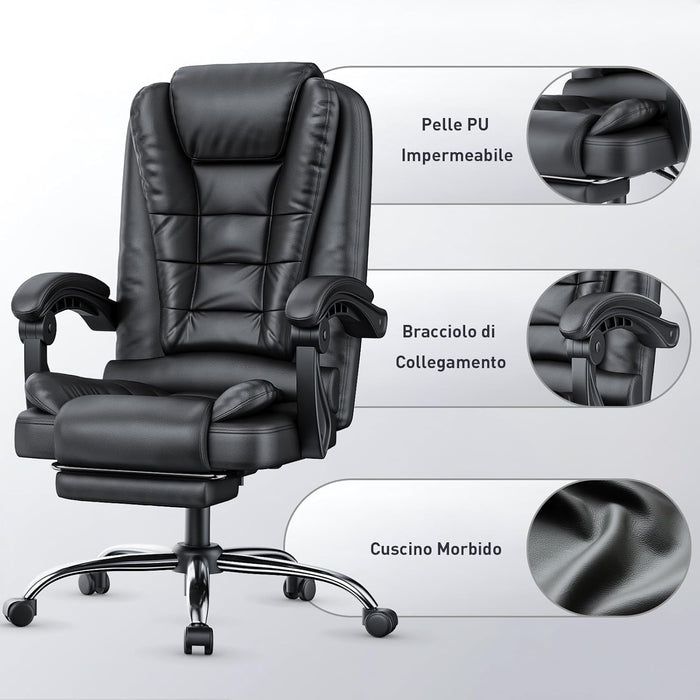 Sedia Ufficio con Poggiapiedi Telescopico - RATTANTREE - Altezza Regolabile - Braccioli Imbottiti - Nero