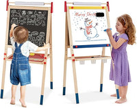 Cavalletto per Bambini 3 in 1, Lavagna Bifacciale, Cavalletto per Disegnare, con Rotolo di Carta, Lavagna Bianca Magnetica, Accessori Completi, in Legno (60x55x(112,5-124,5) cm)
