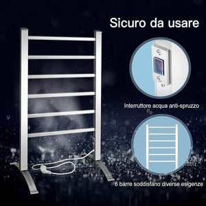 Portasciugamani Multifunzionale Elettrico 2 in 1, Portasciugamani Elettrico per Vestiti e Asciugamani 100 W, con 6 Sbarre, Struttura in Alluminio, Portasciugamani per Bagno, Argento