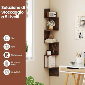 Scaffale Angolare a 5 Livelli, Scaffale Sospeso a Muro, Organizzatore di Stoccaggio a Parete, Espositore in Legno per Soggiorno Camera da Letto e Cucina, 20 x 20 x 126 cm (Marrone)