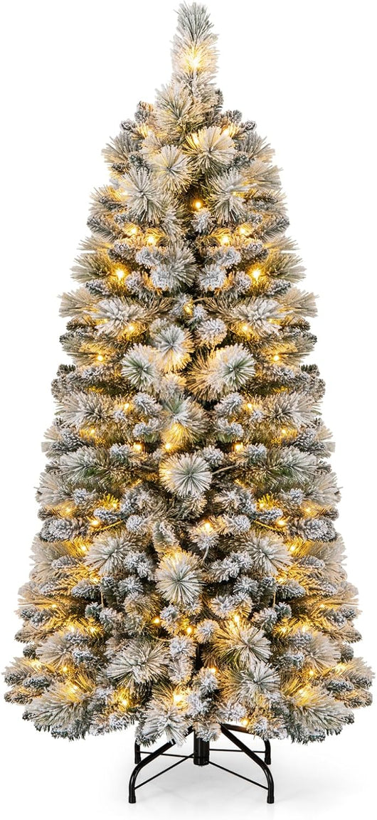 Albero di Natale Innevato 150 cm/180 cm, Albero di Natale Pop-Up con 130/170 Luci LED Bianco Caldo, Aghi di Pino, 378/517 Punte di Rami e Sezione Pieghevole & Supporto in Metallo (150 CM)