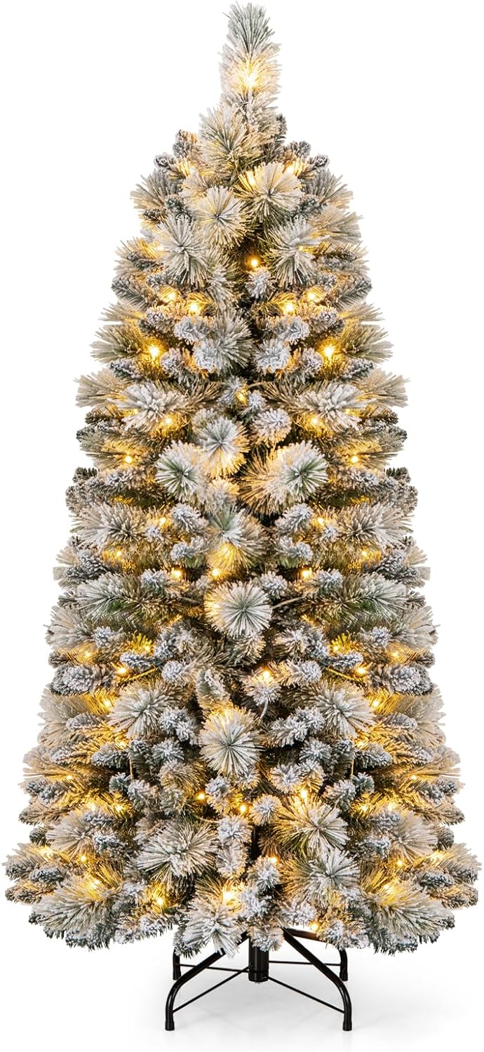 Albero di Natale Innevato 150 cm/180 cm, Albero di Natale Pop-Up con 130/170 Luci LED Bianco Caldo, Aghi di Pino, 378/517 Punte di Rami e Sezione Pieghevole & Supporto in Metallo (150 CM)