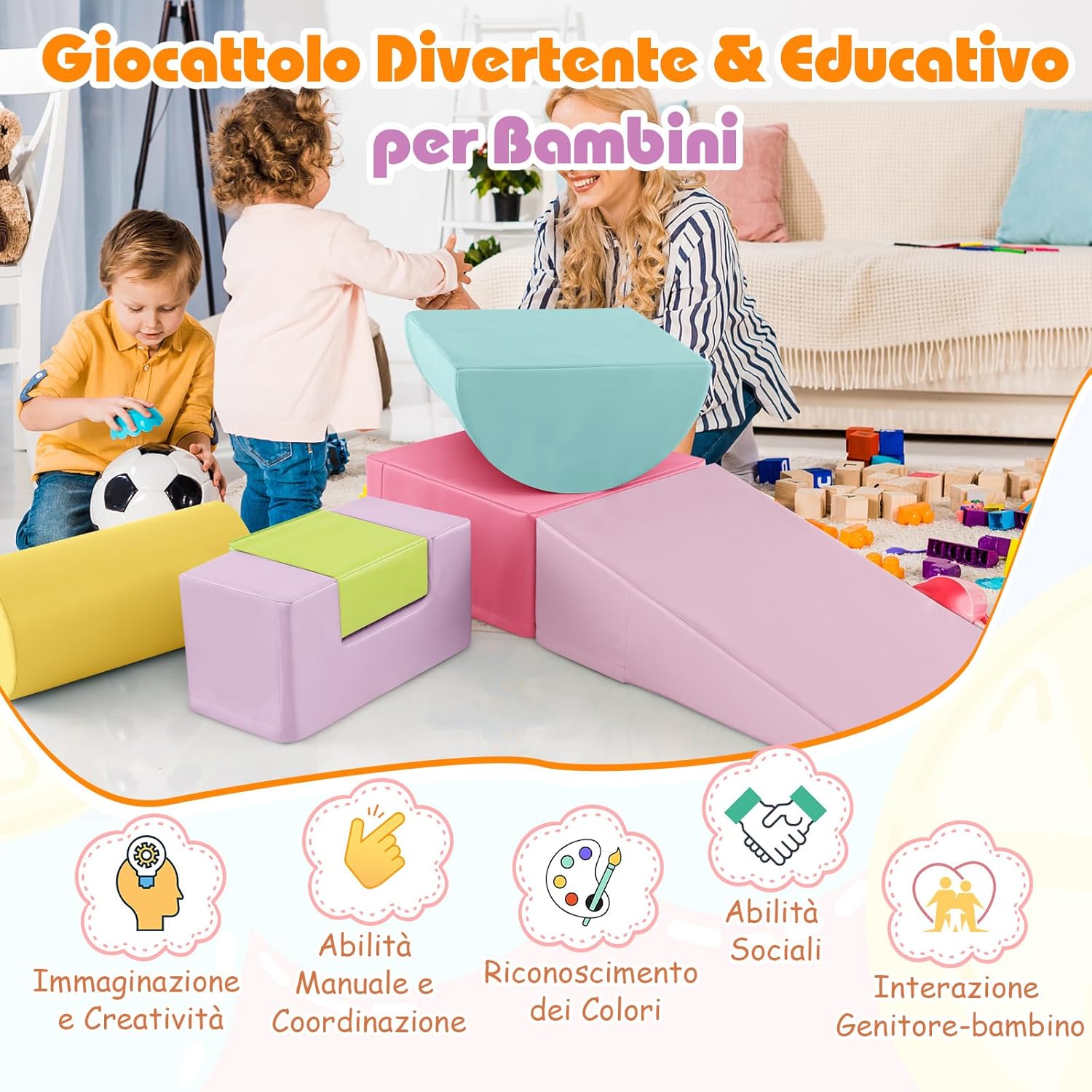 Set di 6 Blocchi per Bambini con Diverse Forme e Colori, Centro Attività Palestrina Giocattolo per Arrampicata e Strisciamento (Rosa chiaro)