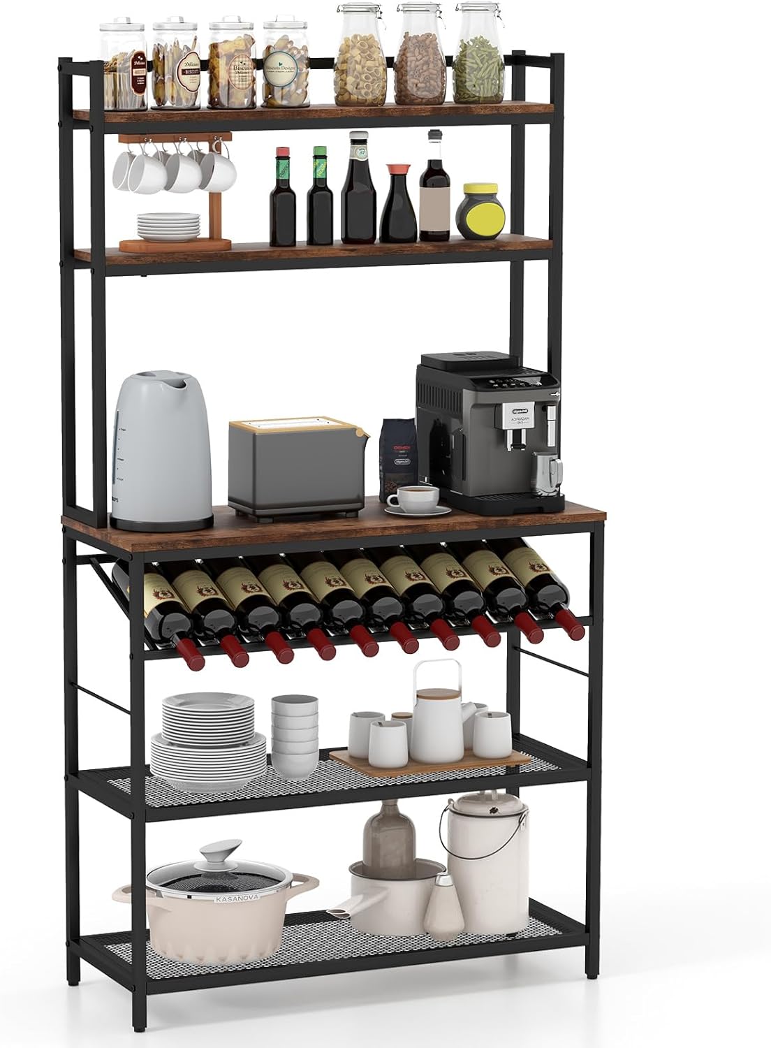 Scaffale da Cucina a 6 Ripiani con Portabottiglie, Scaffale Porta Microonde con Portabottiglie Inclinato e 2 Ripiani in Rete, per Cucina, Sala da Pranzo, 90x35x165 cm