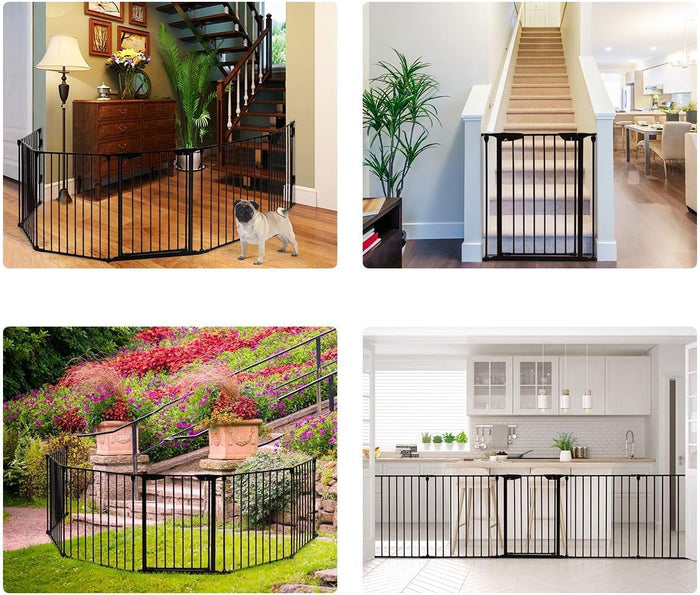 Cancelleto di Sicurezza, Barriera Protettiva per Camino Bambini Animali Domestici Scale, Pieghevole, Inclussa Una Porta e 8 Elementi Laterali, in Ferro, 500x 74,5cm (Nero)