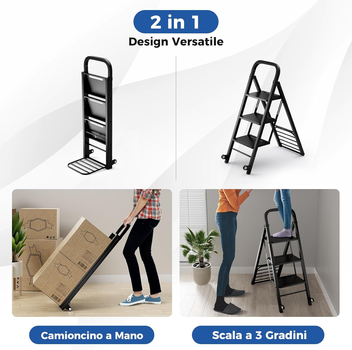 Scala a 3 Gradini Pieghevole con Ruote, 2 in 1 Scala e Carrello a Mano, Carrello a Mano con Ampie Pedane, Carrello Portapacchi a Scala in Metallo, Carico Massimo 250 kg