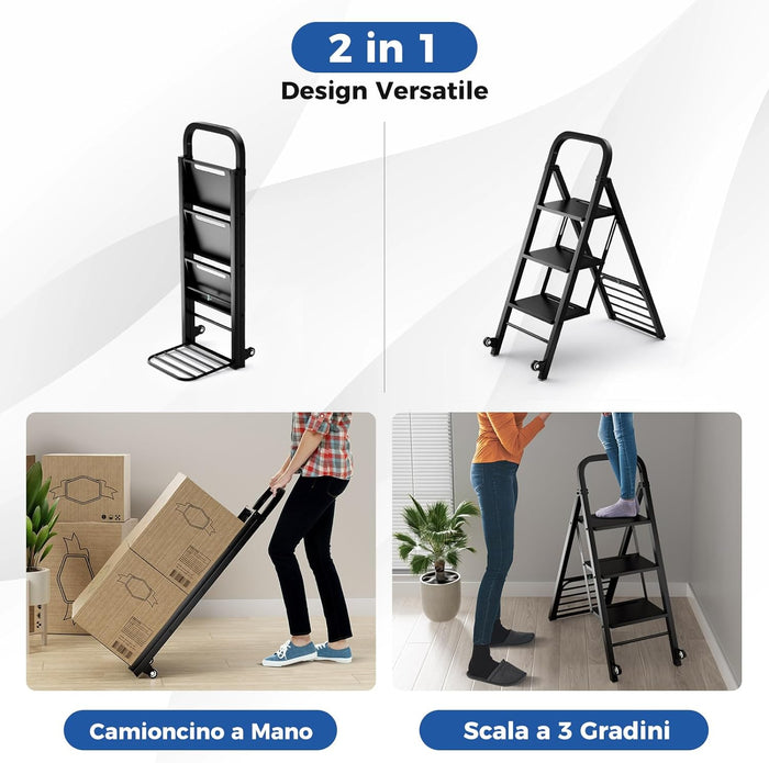Scala a 3 Gradini Pieghevole con Ruote, 2 in 1 Scala e Carrello a Mano, Carrello a Mano con Ampie Pedane, Carrello Portapacchi a Scala in Metallo, Carico Massimo 250 kg