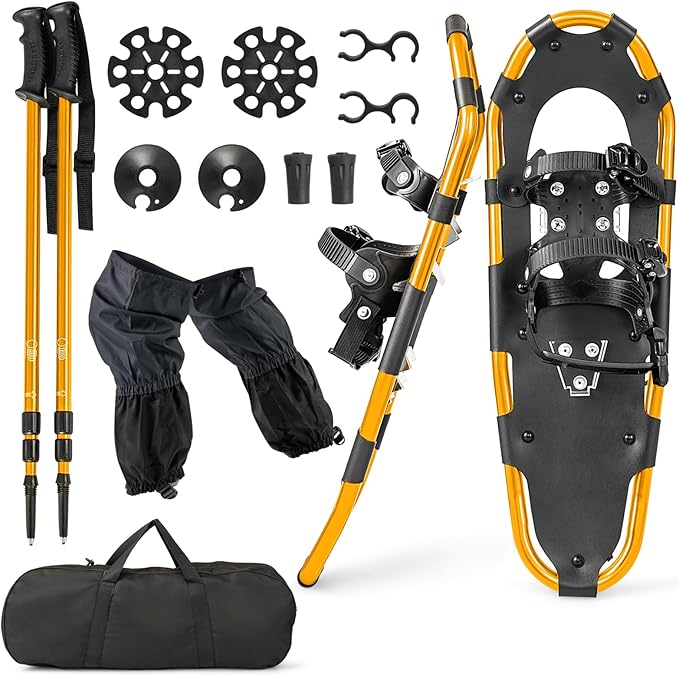 Set 4 in 1 Ciaspole da Neve 53/63/78 cm per Uomini, Donne e Ragazzi con Sistema di Fissaggio, Telaio in Alluminio, Bastoncini da Trekking, Ghette Gambe Impermeabile e Borsa