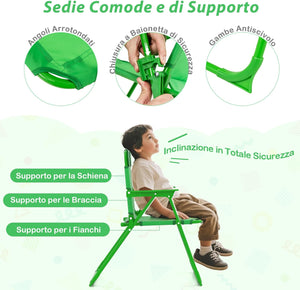 Set Tavolo da Giardino Bambini con 2 Sedie Pieghevoli, Tavolino da Esterno con Ombrellone in Poliestere Regolabile in Altezza, Set Mobili da Giardino per Bambini 3-6 Anni (Rana, Verde)