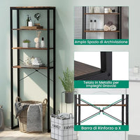 Scaffale Bagno 60 x 24 x 177 cm, Mobile Bagno Salvaspazio con 4 Ripiani in Legno e Telaio in Metallo, Mobiletto sopra Gabinetto per Soggiorno e Balcone, Nero e Marrone