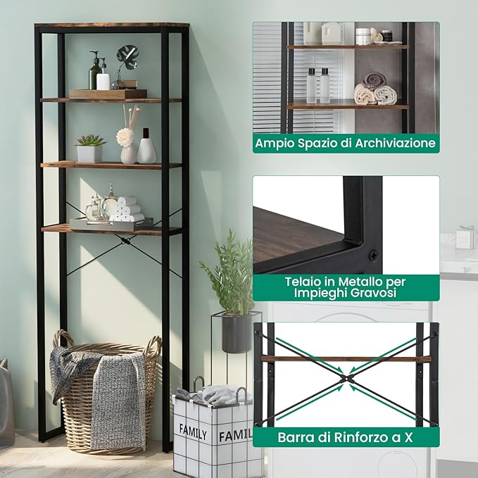 Scaffale Bagno 60 x 24 x 177 cm, Mobile Bagno Salvaspazio con 4 Ripiani in Legno e Telaio in Metallo, Mobiletto sopra Gabinetto per Soggiorno e Balcone, Nero e Marrone
