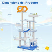 Tiragraffi per Gatti a Tema Oceanico, Torre per Gatti con Pali Tiragraffi Rivestiti di Sisal, Nicchia, Posatoio, Amaca, Piattaforme, Giocattoli Oscillanti, Palla Molla e Corda di Sisal