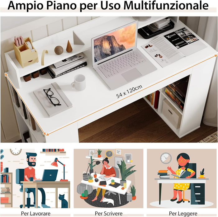 Scrivania per Computer, Scrivania con 2 Librerie, Ripiano e Kit di Antiribaltamento, Scrivania Salvaspazio da Ufficio, Studio, Soggiorno e Camera da Letto, 120 x 54 x 90 cm, Bianco