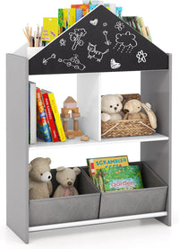 Libreria per Bambini, Organizzatore in Legno a Forma di Casa Bambole, con 2 in 1 Lavagne 4 Scomparti 2 Ripiani e 2 Cassetti, per Stanza Giochi Camera da Letto, 63x27x90 cm (Grigio)