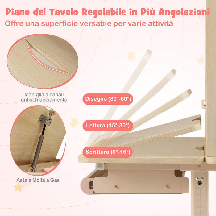 Scrivania per Bambini 3+ Anni, Tavolo da Studio Regolabile in Altezza con Libreria e Cassetto, Piano Inclinabile, Mensole, Leggio e Portapenne, Scrivania per Studiare (Rosa)