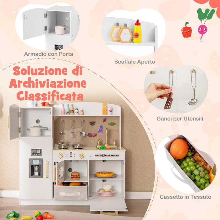 Cucina Giocattolo con Macchina del Ghiaccio e Microonde con Luce, Cucina per Bambini in Legno con 2 Lavagne, Lavandino e Cassetto in Tessuto, Set Cucina con 9 Accessori, 86 x 27 x 83 cm