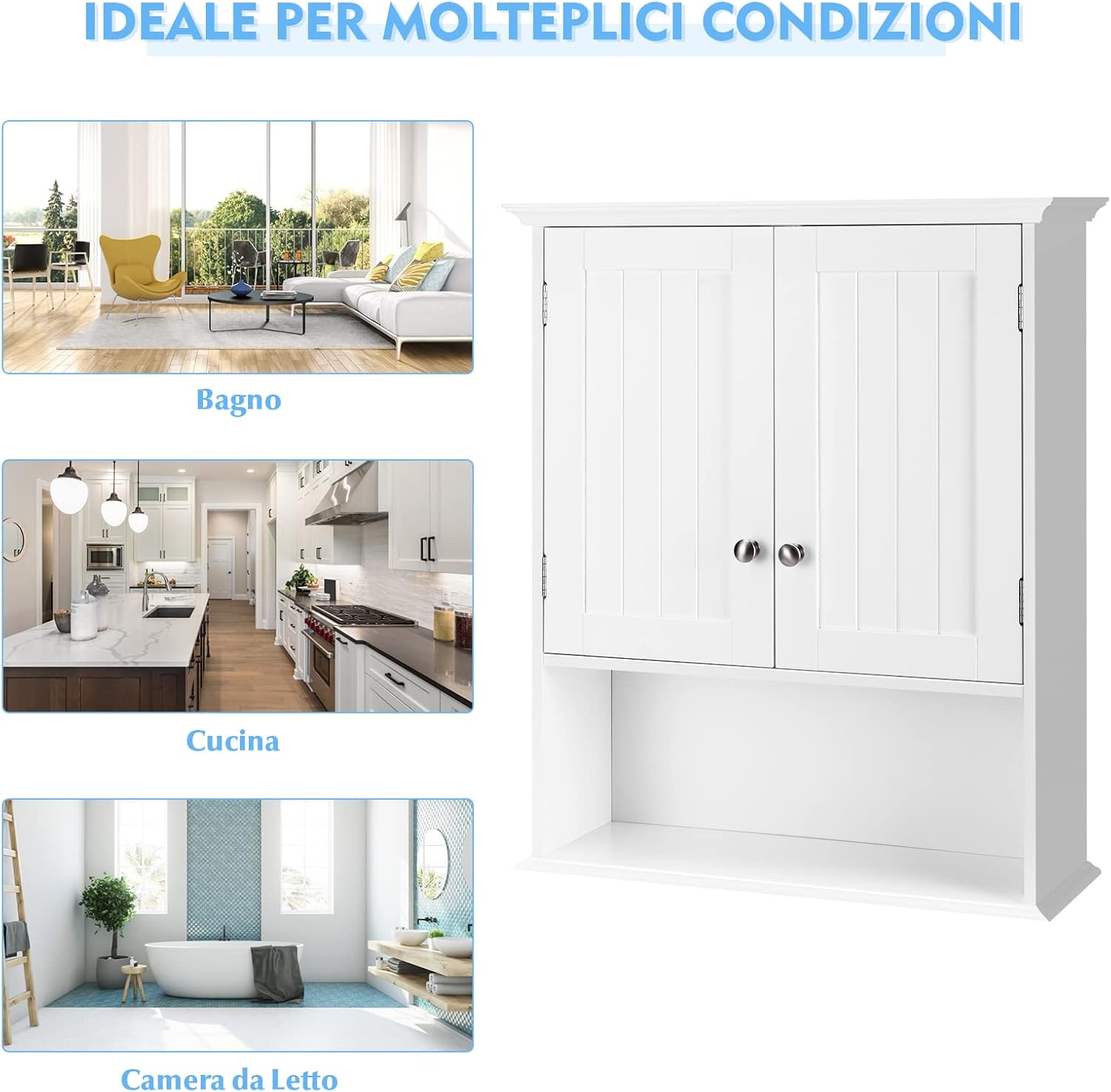 Mobile da Bagno a Parete, Armadietto Bagno in Legno con Ante e Ripiani, Mobile Multiuso per Bagno, Cucina, Camera da Letto, 60 cm x 19 cm x 71 cm, Bianco