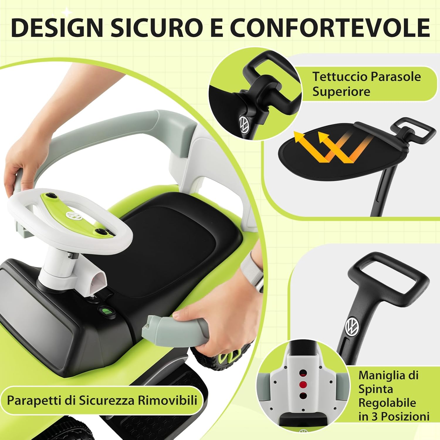 Volkswagen 3 in 1 Macchina Cavalcabile a Spinta per Bambini, Auto a Spinta con Maniglione Regolabile Parasole e Musica, Ideale per Bambini 1-3 Anni