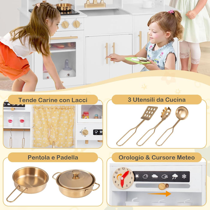 Cucina Giocattolo per Bambini, Cucina per Bambini in Legno con Forno, Microonde, Macchina da Caffè, Macchina del Ghiaccio, Lavello e Rubinetto, con Luci e Suoni per Bambini di 3+ Anni (Bianco)