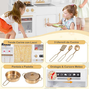 Cucina Giocattolo per Bambini, Cucina per Bambini in Legno con Forno, Microonde, Macchina da Caffè, Macchina del Ghiaccio, Lavello e Rubinetto, con Luci e Suoni per Bambini di 3+ Anni (Bianco)
