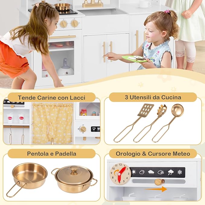Cucina Giocattolo per Bambini, Cucina per Bambini in Legno con Forno, Microonde, Macchina da Caffè, Macchina del Ghiaccio, Lavello e Rubinetto, con Luci e Suoni per Bambini di 3+ Anni (Bianco)