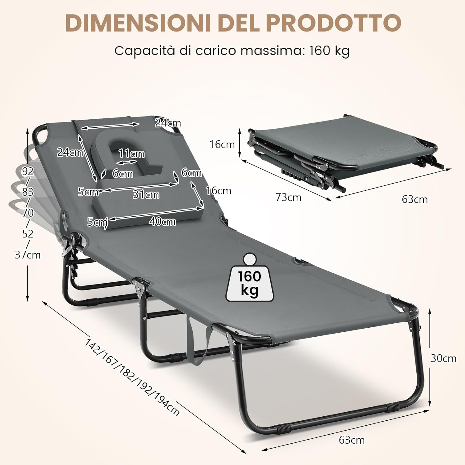 Lettino Prendisole con Foro per Viso, Sdraio da Spiaggia Pieghevole con Cuscini, Schienale Regolabile in 5 Posizioni, Lettino Portatile Portata 160 kg, 63 x 194 x 37 cm (Grigio)