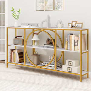 Tavolo Consolle a 3 Piani, Tavolo d’Ingresso con Piano in Legno, Struttura in Metallo e Ripiani, Tavolo per Corridoio, Soggiorno e Ingresso, 180 x 30 x 90 cm (Bianco e oro)