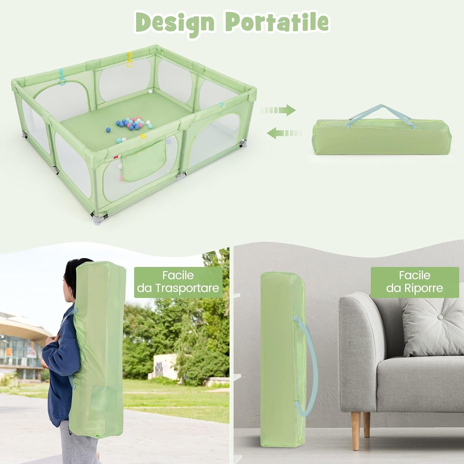 Recinto per Bambini, Box per Bambini con Rete Traspirante, Centro Attività per Bambini con 50 Palline, Box Giochi per Bambini 0-3 Anni (Verde, 189 x 158 cm)