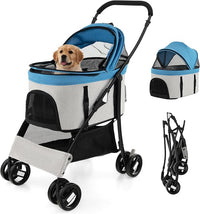 Passeggino per Cani Pieghevole 3 in 1, Carrello per Animali Domestici con Tettuccio Regolabile e Cesto, Trasportino a 4 Ruote per Cani di Piccola e Media Taglia (Azzurro)