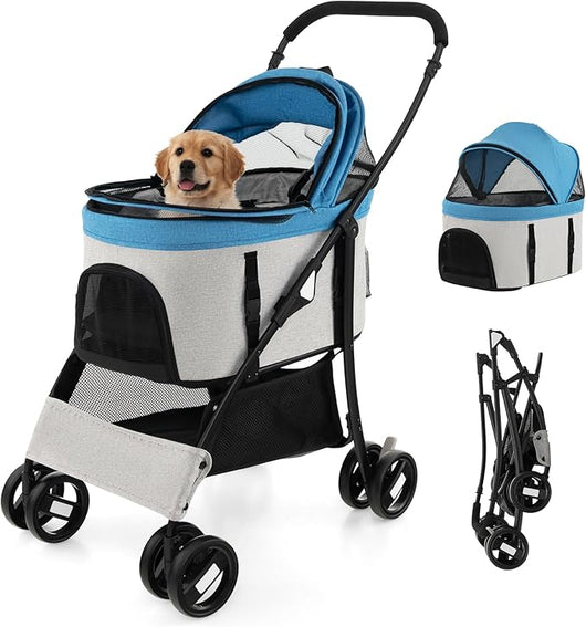 Passeggino per Cani Pieghevole 3 in 1, Carrello per Animali Domestici con Tettuccio Regolabile e Cesto, Trasportino a 4 Ruote per Cani di Piccola e Media Taglia (Azzurro)