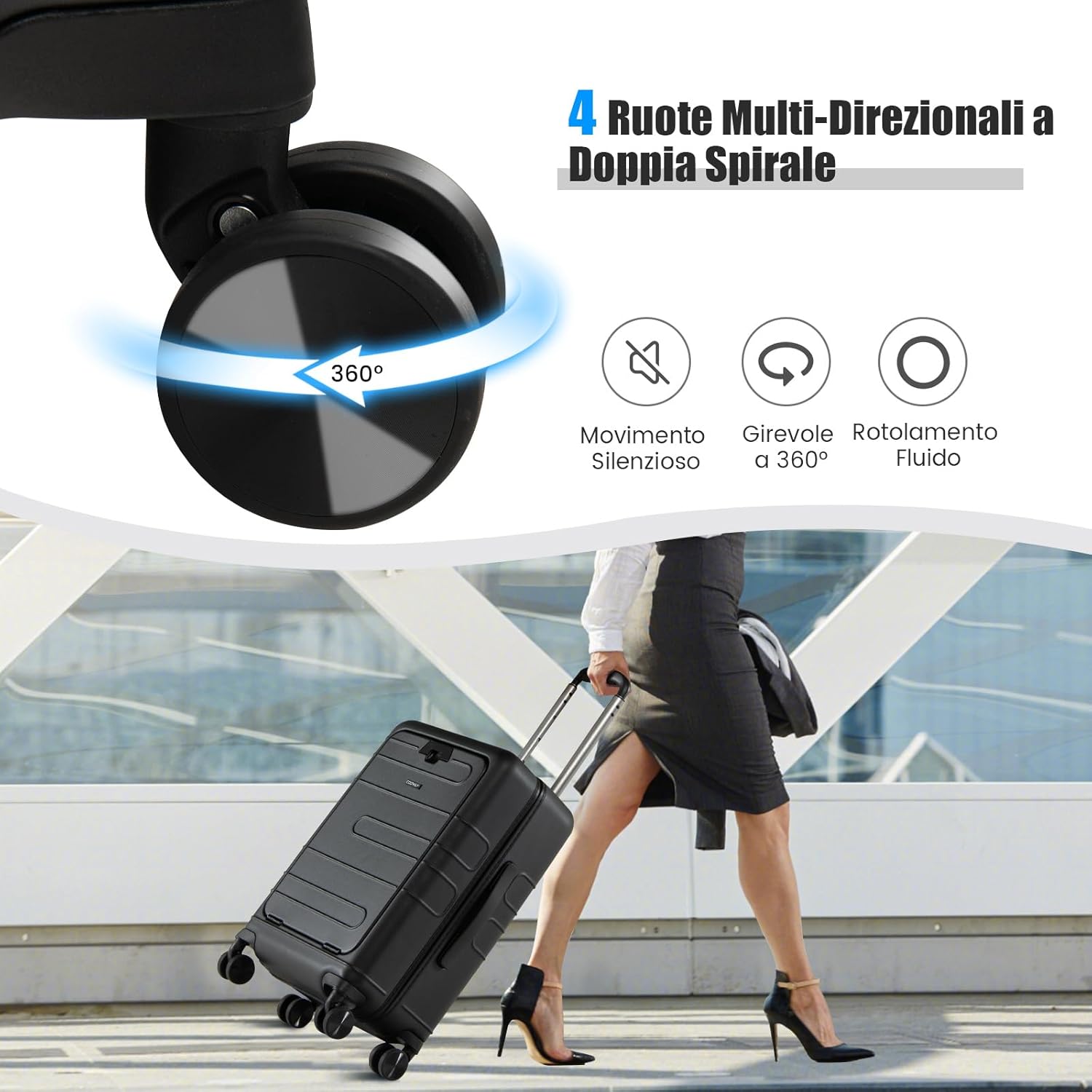 Valigia Bagaglio da 20" con Tasca Frontale, Porta USB, Tavolino Pieghevole, Valigia con Serratura, Ruote Girevoli, Manico Regolabile, Trolley Valigia Rigida Bagaglio da Viaggio (Nero)