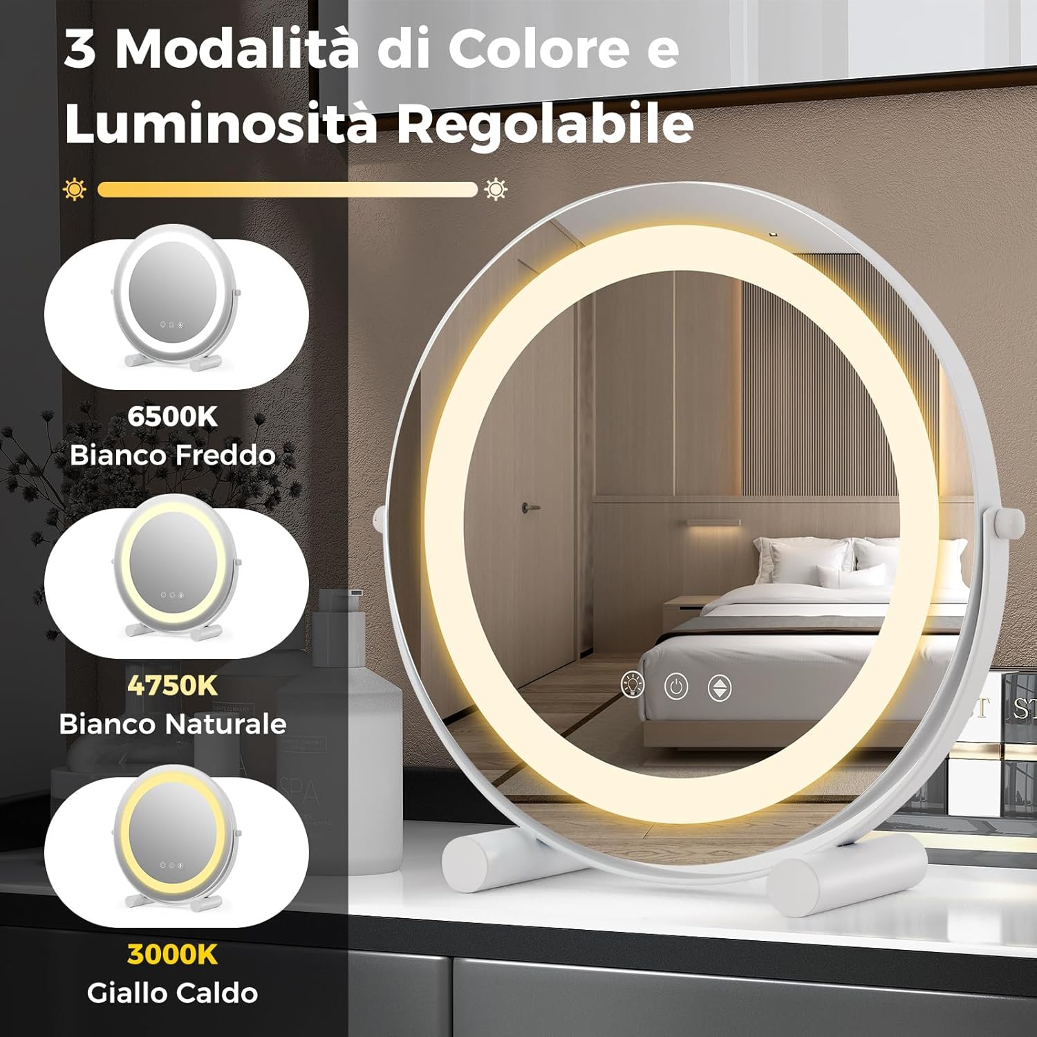 Specchio da Trucco con Luci, Specchio Rotondo con Luminosità Regolabile a 3 Colori, Controllo Tattile Intelligente, Rotazione a 360° e Funzione di Memoria, 30 CM