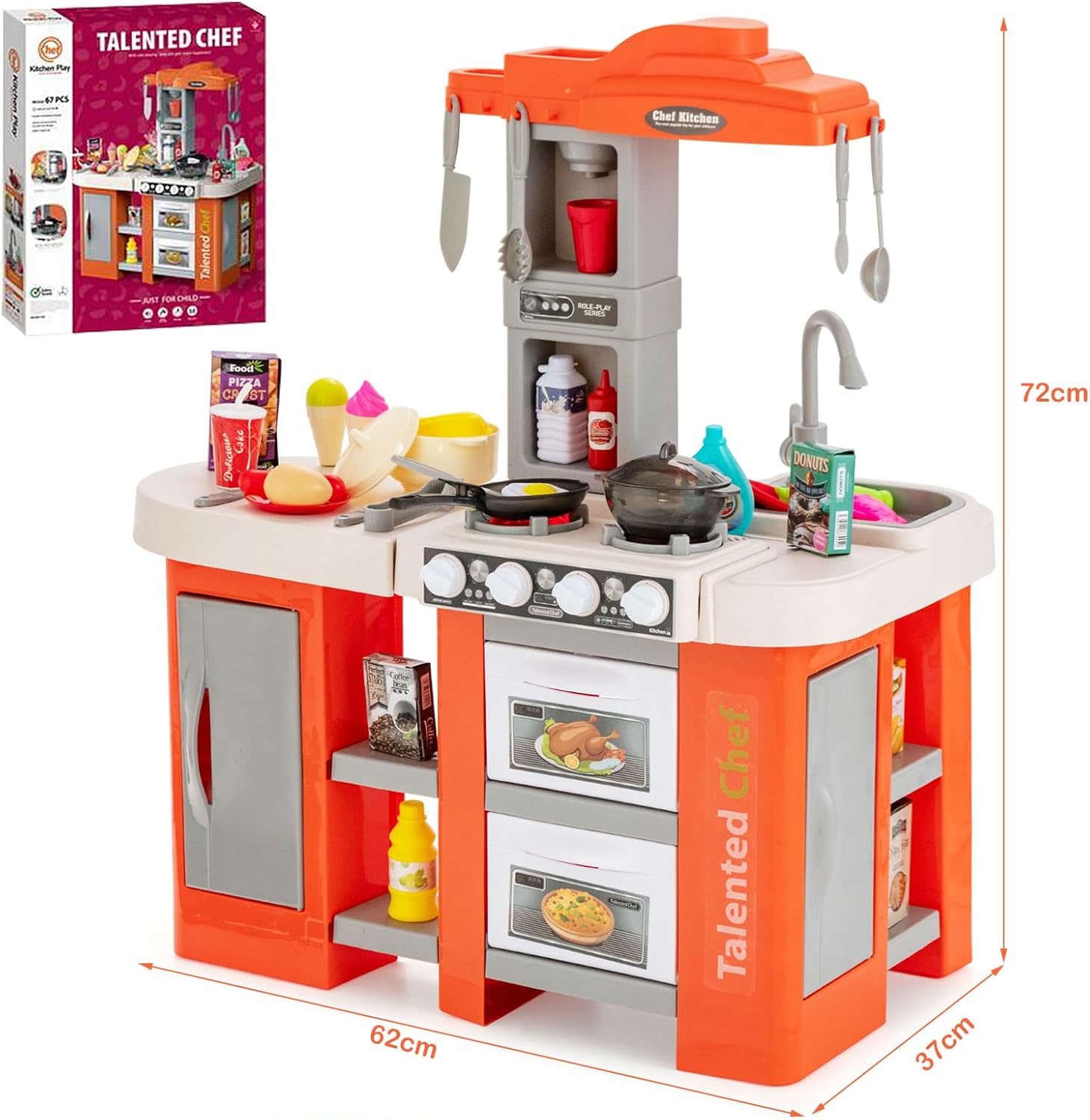 Cucina Giocattolo con Set di Accessori Cibo e Utensili, Cucina per Bambini con Suoni e Luci, Lavandino, Rubinetto, Scaffali, Forni e Fornelli, per Bambini 3+ Anni (Arancione)