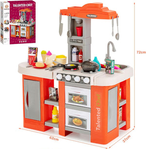 Cucina Giocattolo con Set di Accessori Cibo e Utensili, Cucina per Bambini con Suoni e Luci, Lavandino, Rubinetto, Scaffali, Forni e Fornelli, per Bambini 3+ Anni (Arancione)